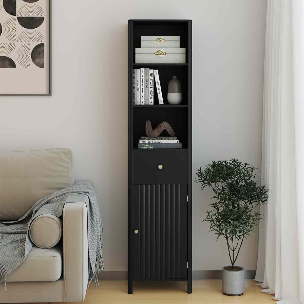 170cm Tall Bathroom Cabinet with Fluted Door and 1 Drawer 3 Open Shelves-Black