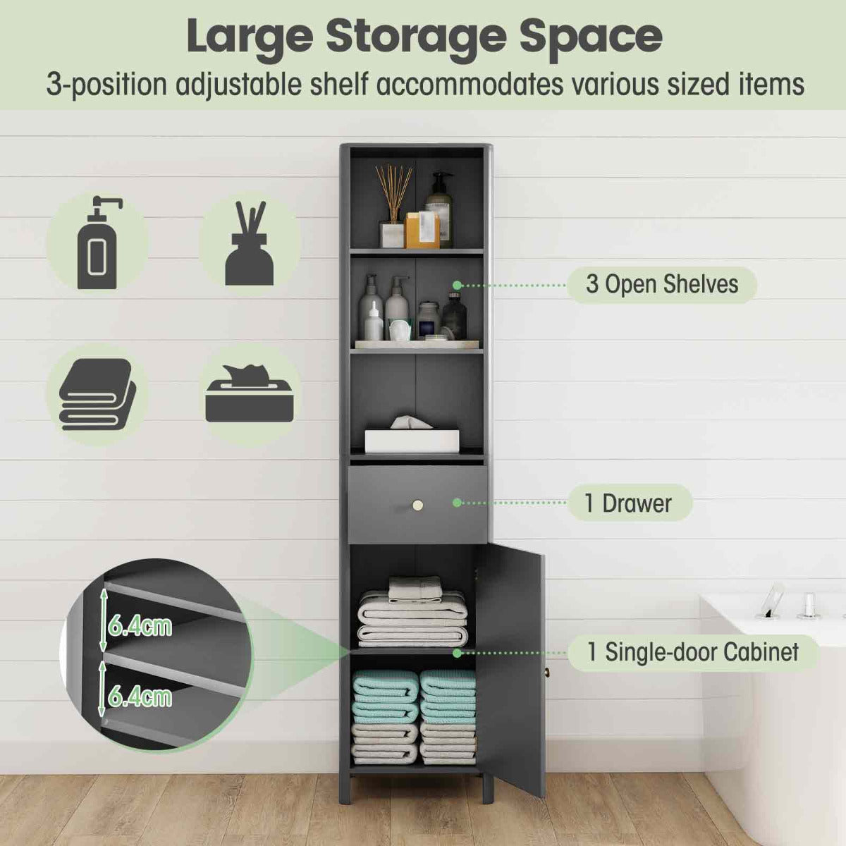 170cm Tall Bathroom Cabinet with Fluted Door and 1 Drawer 3 Open Shelves-Grey