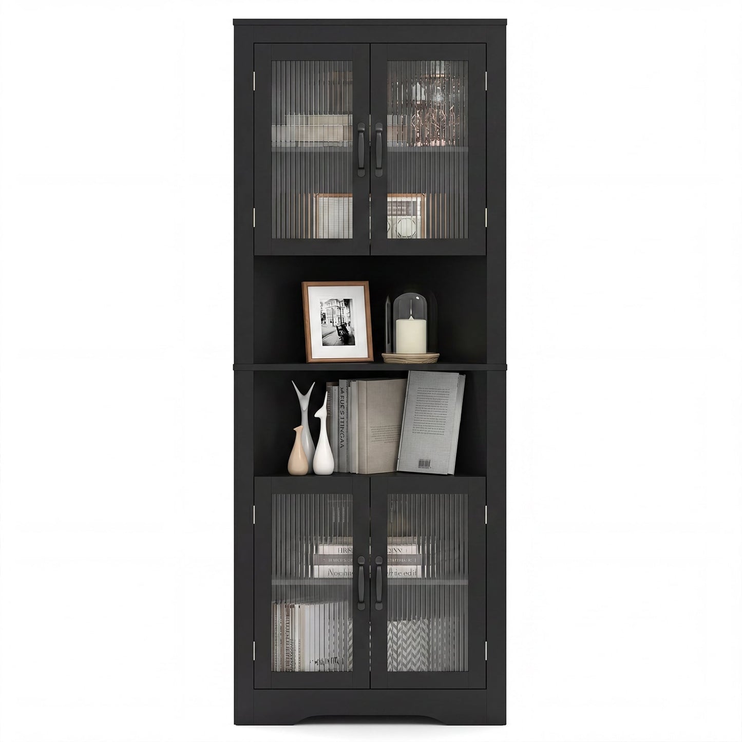 171cm Tall Space-saving Corner Cabinet with 4 Tempered Glass Doors and Adjustable Shelves-Black