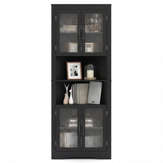 171cm Tall Space-saving Corner Cabinet with 4 Tempered Glass Doors and Adjustable Shelves-Black