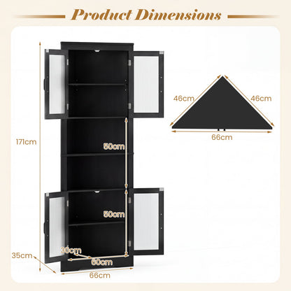 171cm Tall Space-saving Corner Cabinet with 4 Tempered Glass Doors and Adjustable Shelves-Black