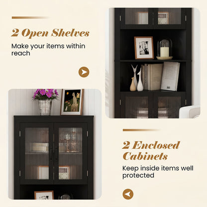 171cm Tall Space-saving Corner Cabinet with 4 Tempered Glass Doors and Adjustable Shelves-Black