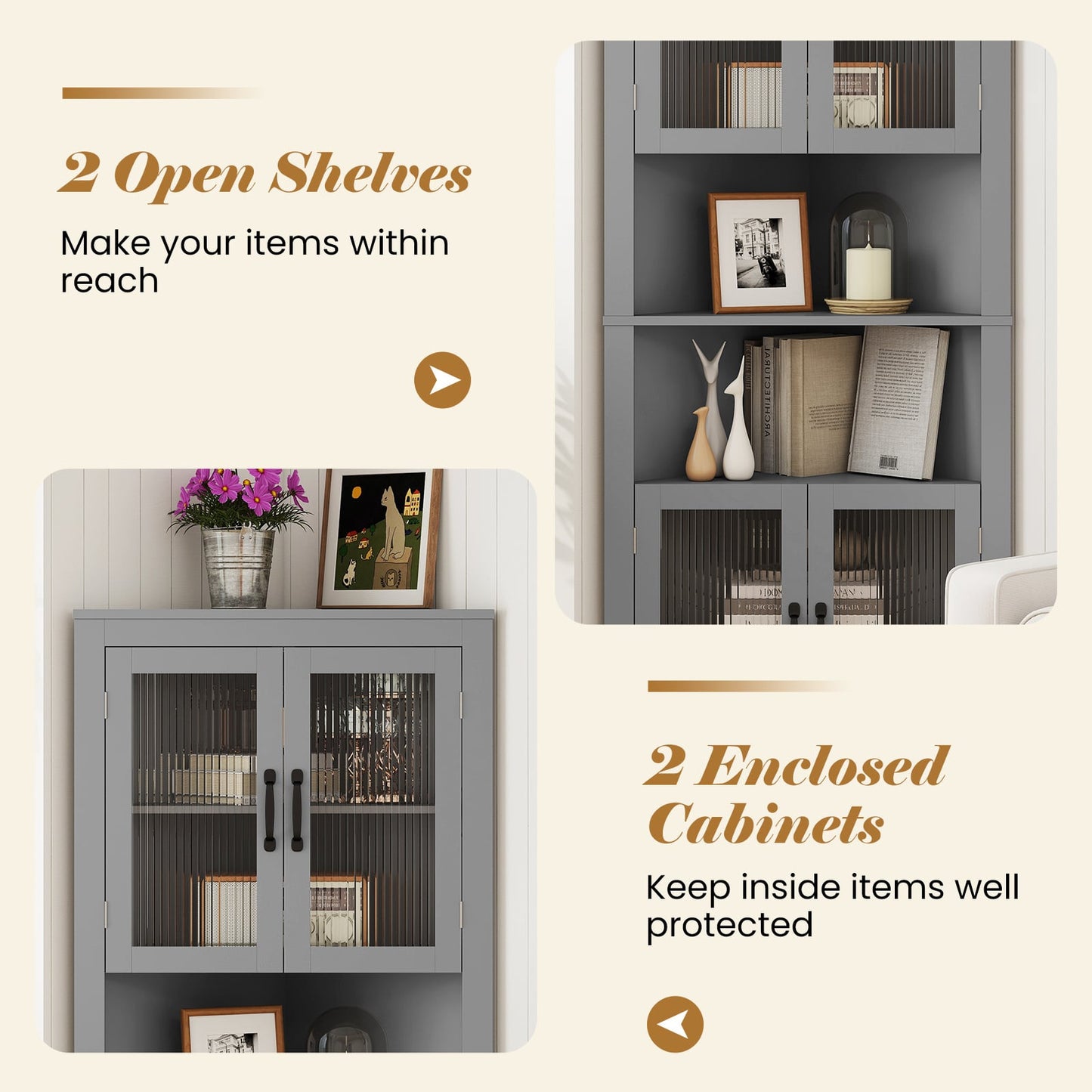 171cm Tall Space-saving Corner Cabinet with 4 Tempered Glass Doors and Adjustable Shelves-Grey