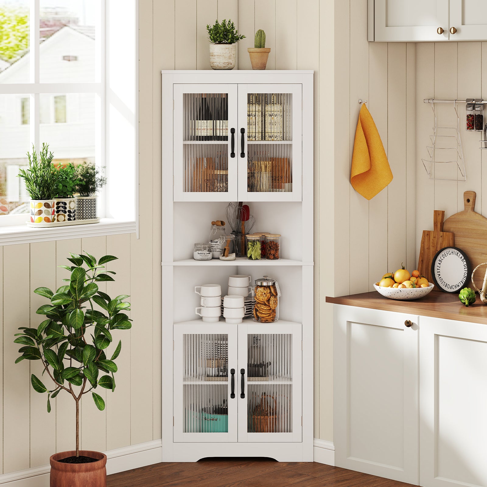 171cm Tall Space-saving Corner Cabinet with 4 Tempered Glass Doors and Adjustable Shelves-White