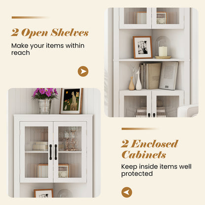 171cm Tall Space-saving Corner Cabinet with 4 Tempered Glass Doors and Adjustable Shelves-White
