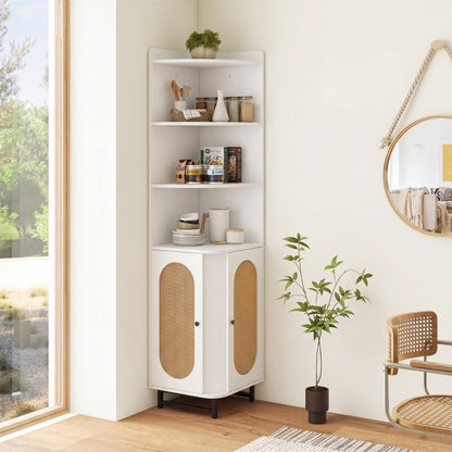 172 cm Tall PE Rattan Corner Cabinet with 2 Doors and 4 Open Shelves-White