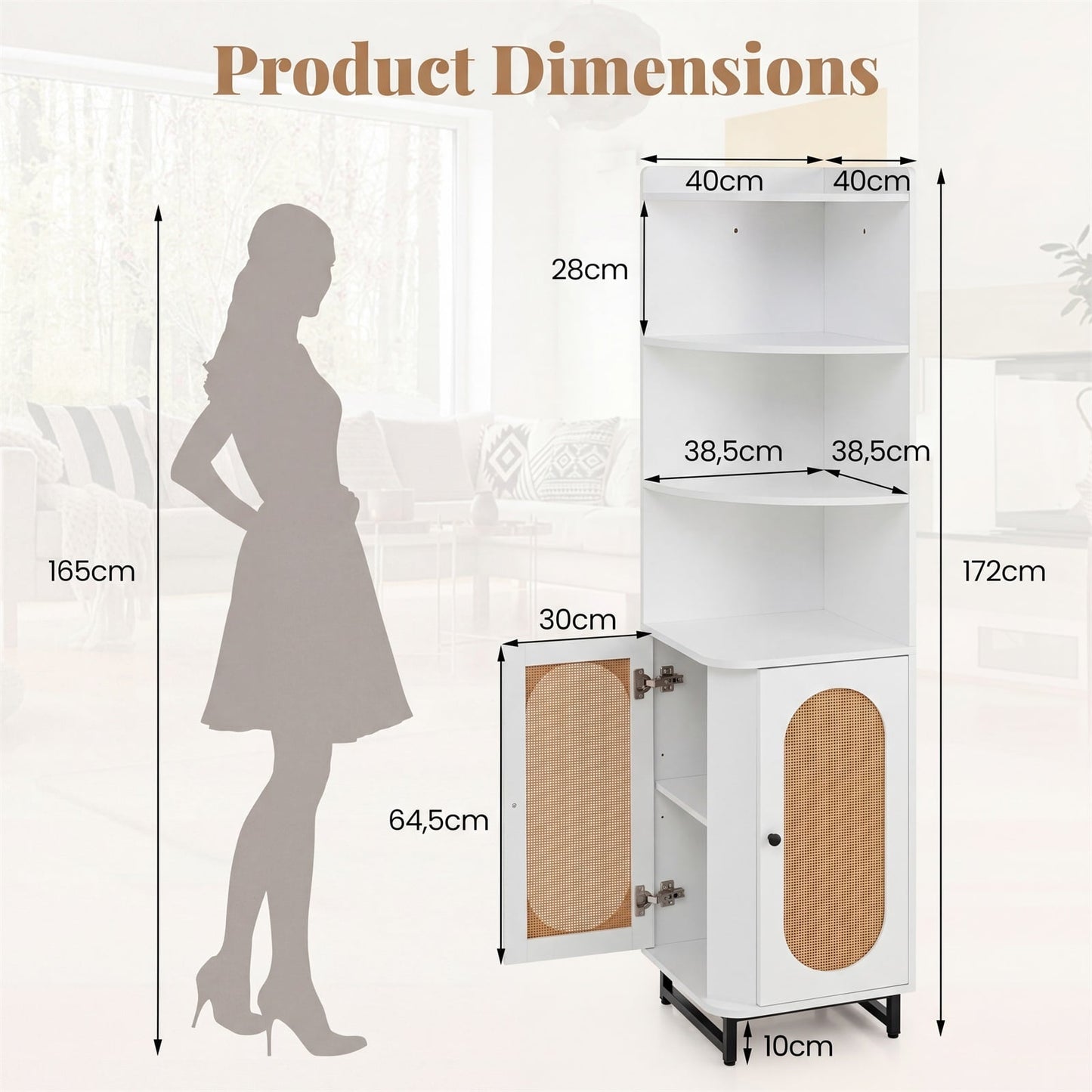 172 cm Tall PE Rattan Corner Cabinet with 2 Doors and 4 Open Shelves-White