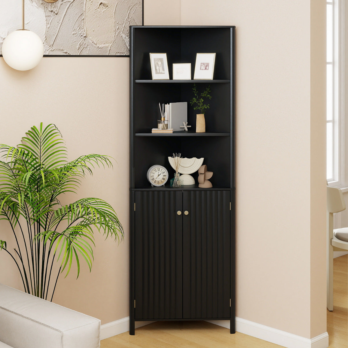 172 CM Tall Corner Cabinet with 5 Shelves and 2 Fluted Doors-Black