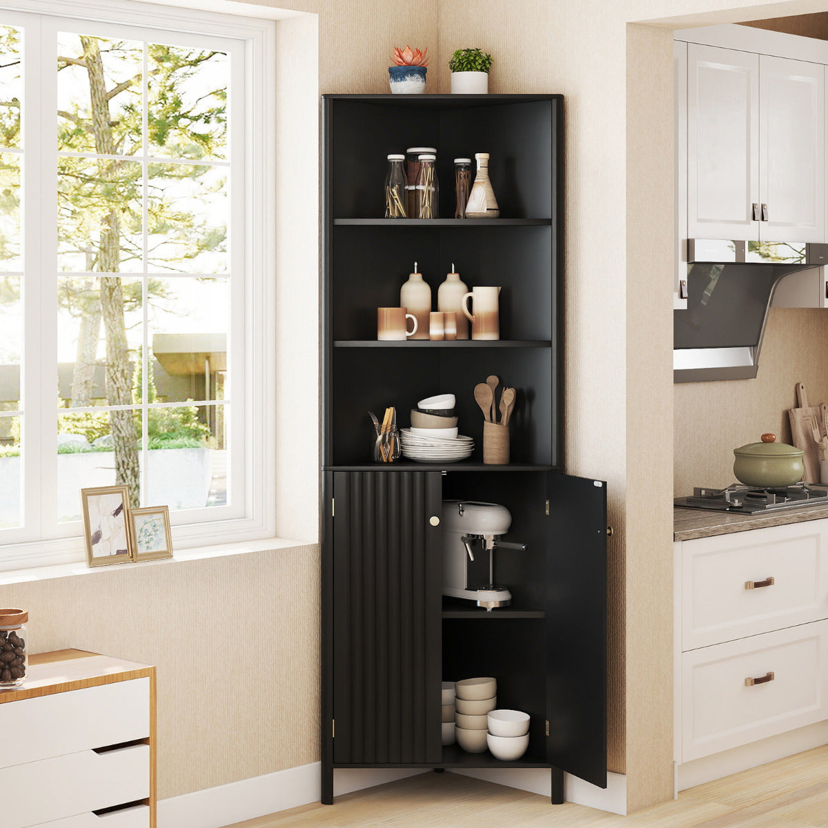 172 CM Tall Corner Cabinet with 5 Shelves and 2 Fluted Doors-Black