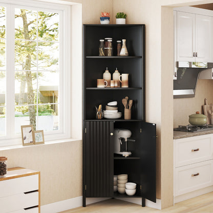 172 CM Tall Corner Cabinet with 5 Shelves and 2 Fluted Doors-Black
