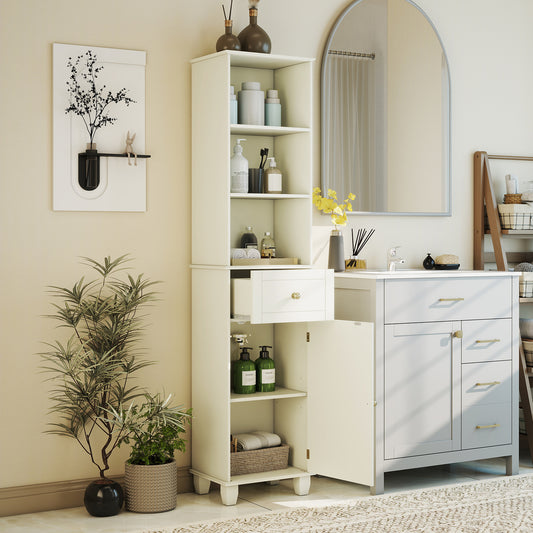 172cm Tall Bathroom Cabinet with Drawer and 3 Open Shelves-White
