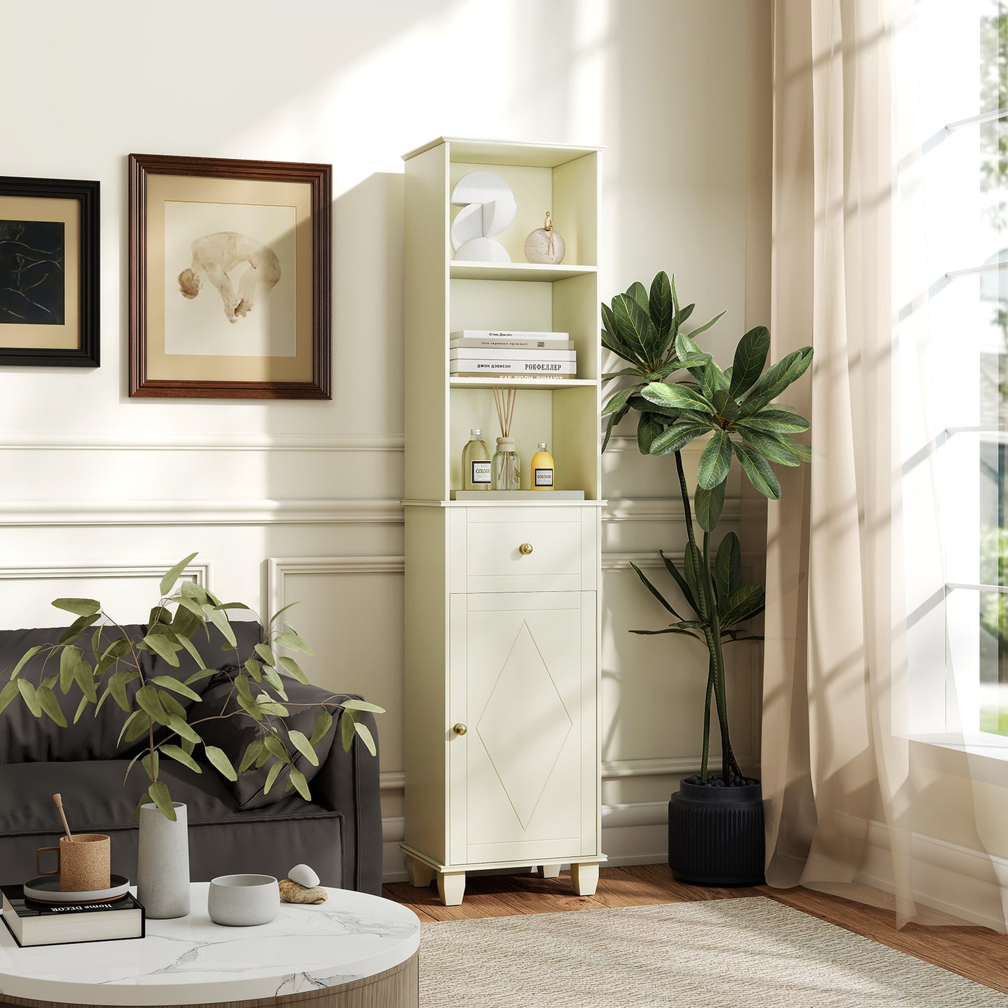 172cm Tall Bathroom Cabinet with Drawer and 3 Open Shelves-White