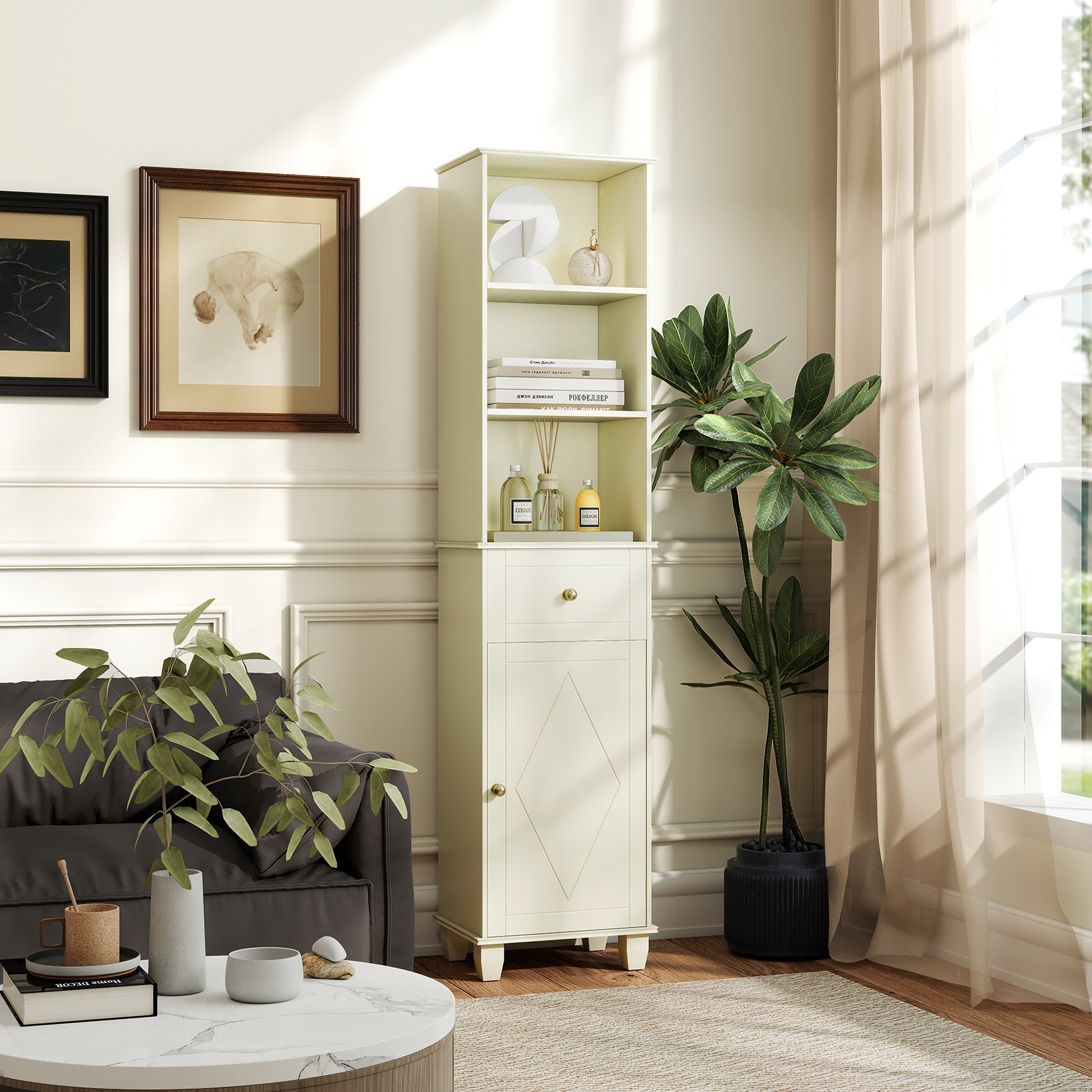 172cm Tall Bathroom Cabinet with Drawer and 3 Open Shelves-White