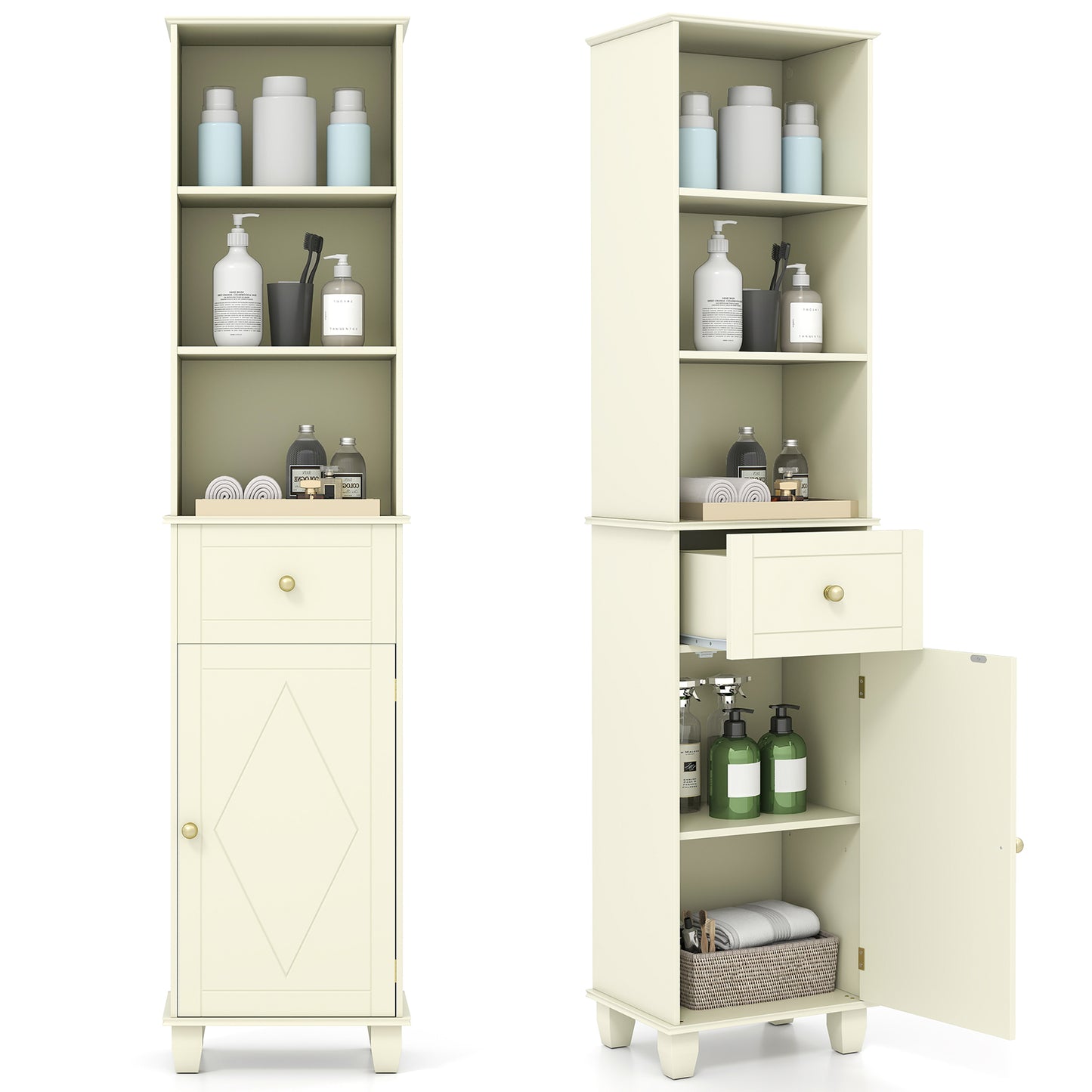 172cm Tall Bathroom Cabinet with Drawer and 3 Open Shelves-White