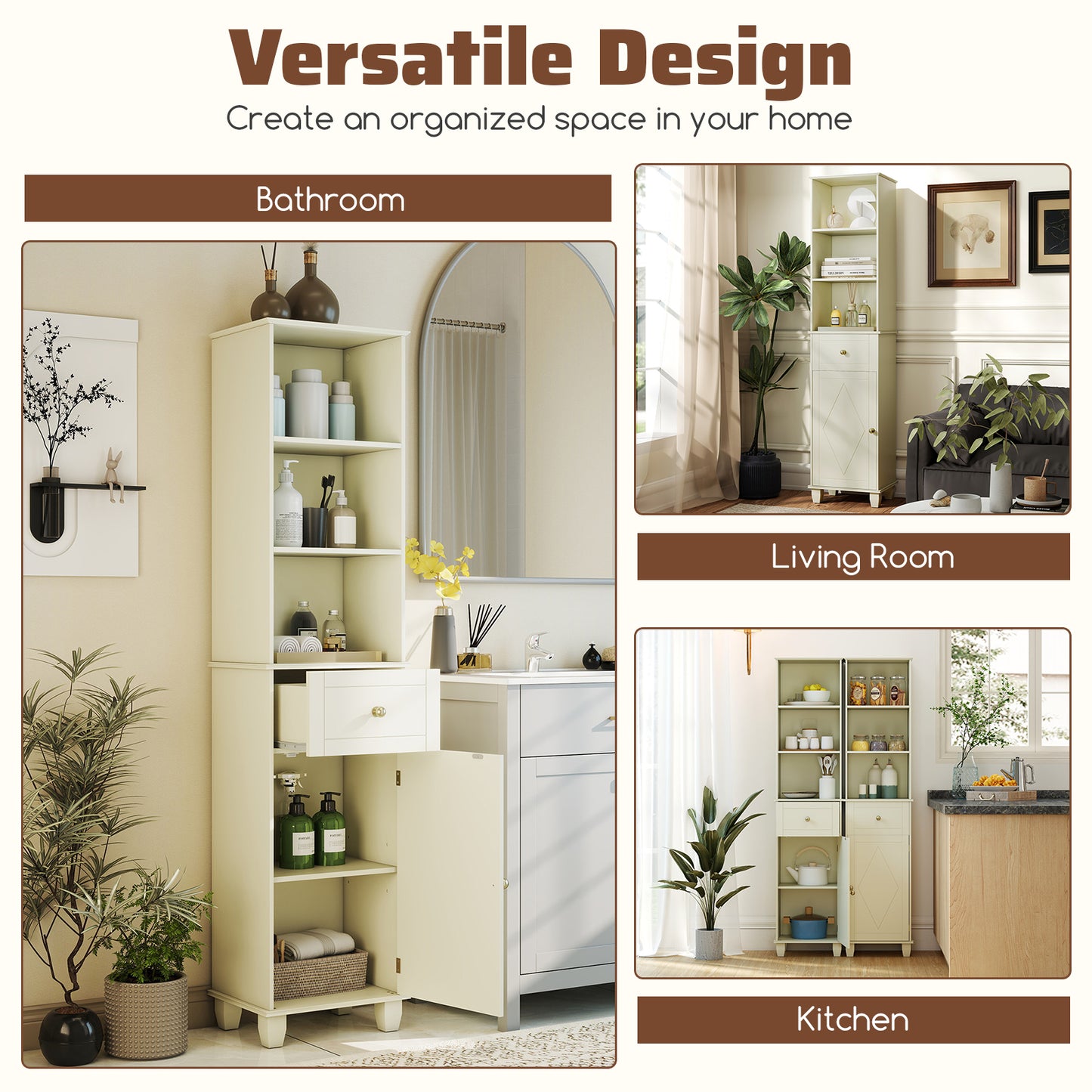 172cm Tall Bathroom Cabinet with Drawer and 3 Open Shelves-White