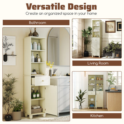 172cm Tall Bathroom Cabinet with Drawer and 3 Open Shelves-White