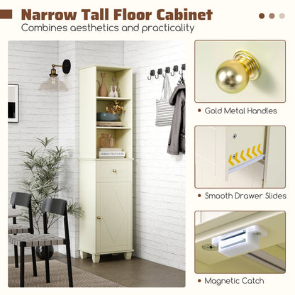 172cm Tall Bathroom Cabinet with Drawer and 3 Open Shelves-White