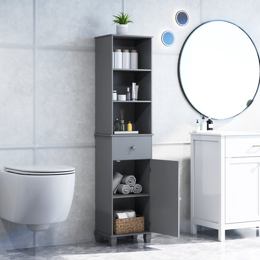 172cm Tall Bathroom Cabinet with Drawer and 3 Open Shelves-Grey