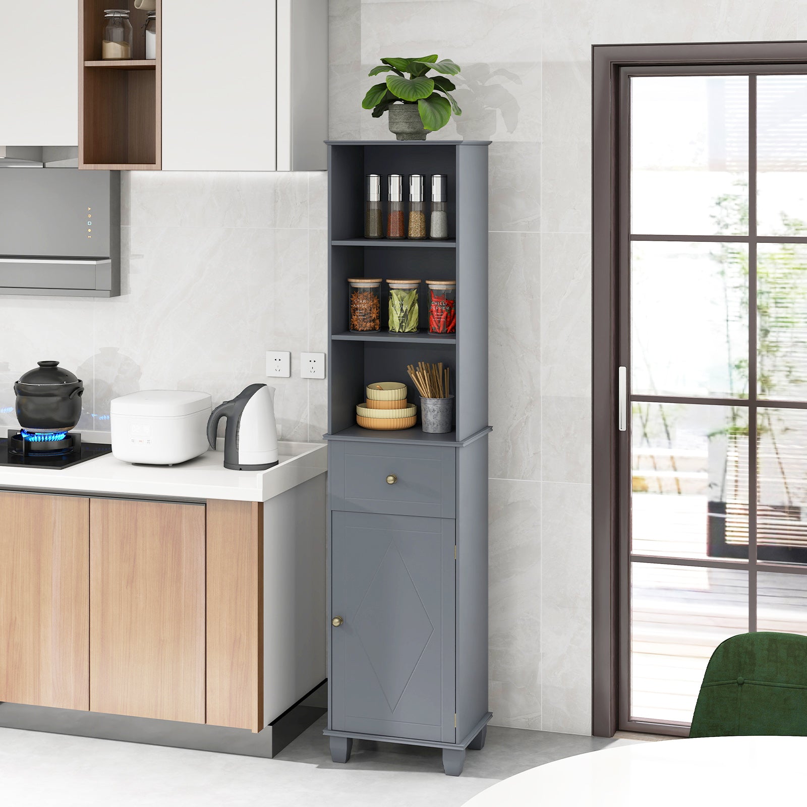 172cm Tall Bathroom Cabinet with Drawer and 3 Open Shelves-Grey