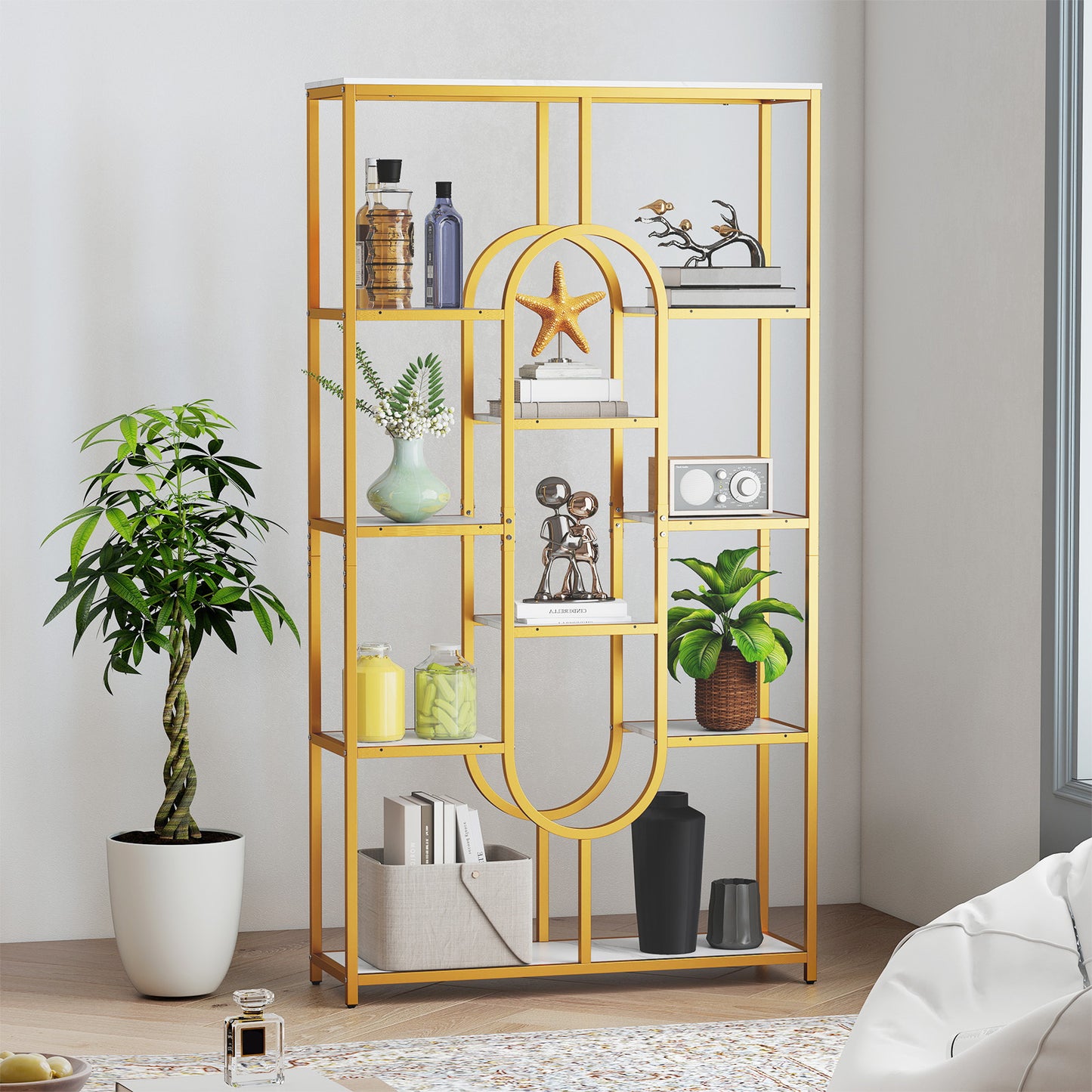 175CM 10-Tier Geometric Bookshelf with Faux Marble Shelves-White & Golden