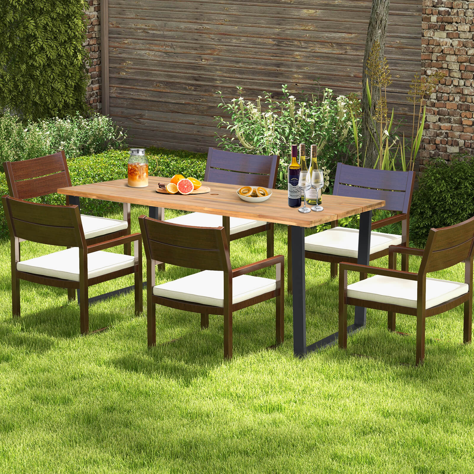 175 x 80cm Patio Rectangle Dining Table for 6 Person with Umbrella Hole