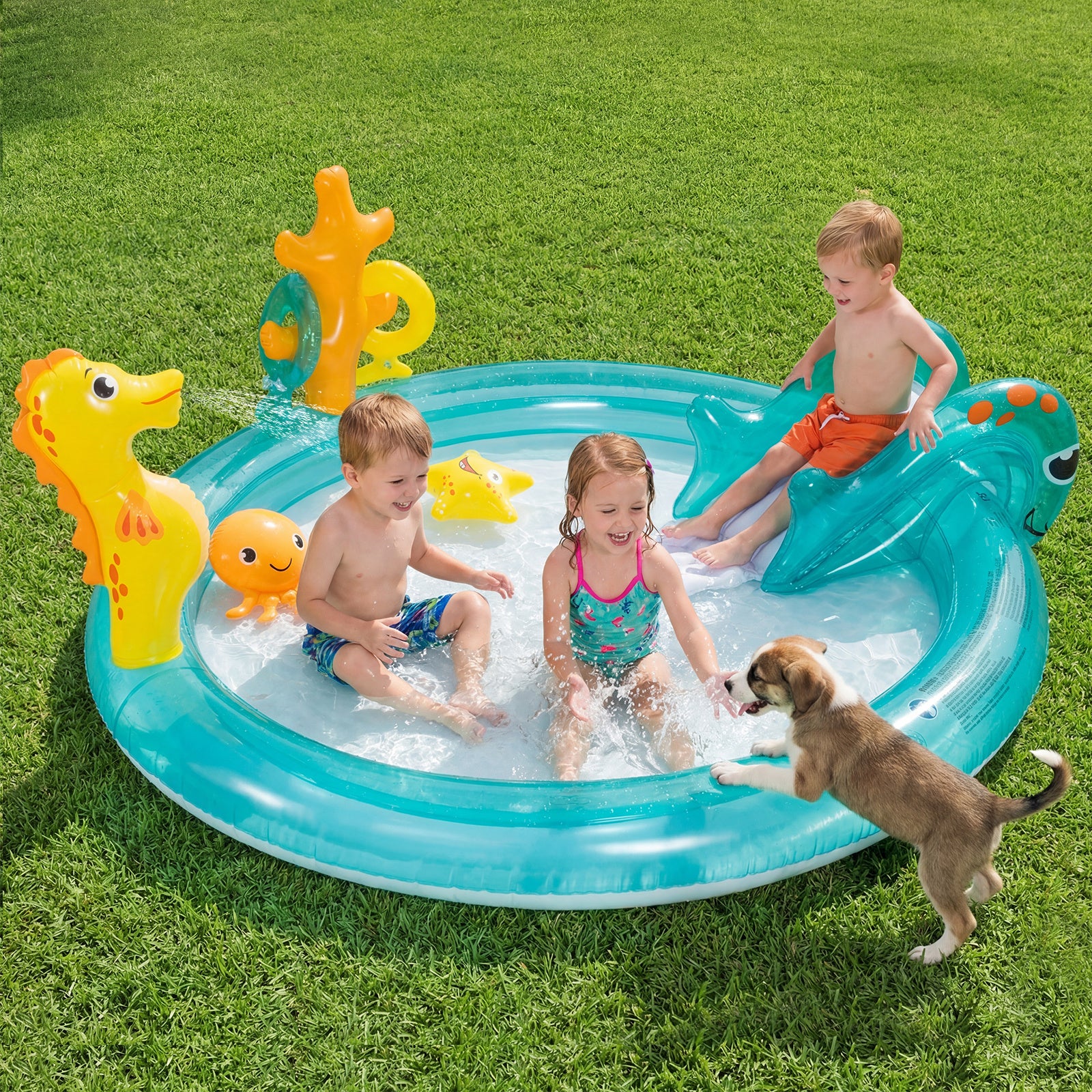 178 x 157 x 67.5 cm Inflatable Play Center with Slide and Seahorse-shaped Sprinkle for Backyard