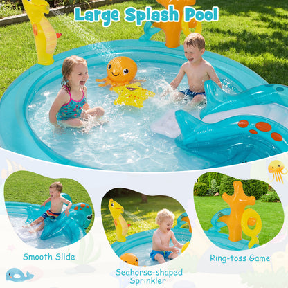 178 x 157 x 67.5 cm Inflatable Play Center with Slide and Seahorse-shaped Sprinkle for Backyard