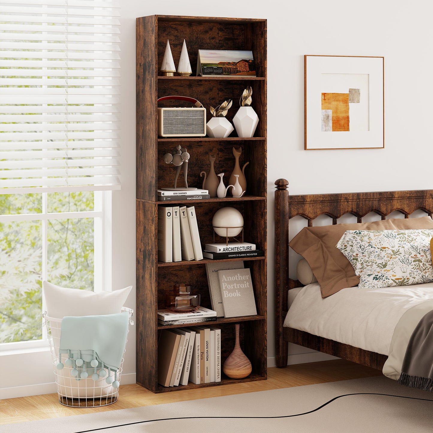 178cm 6-Tier Bookcase Display Rack with Foot Pads-Rustic Brown