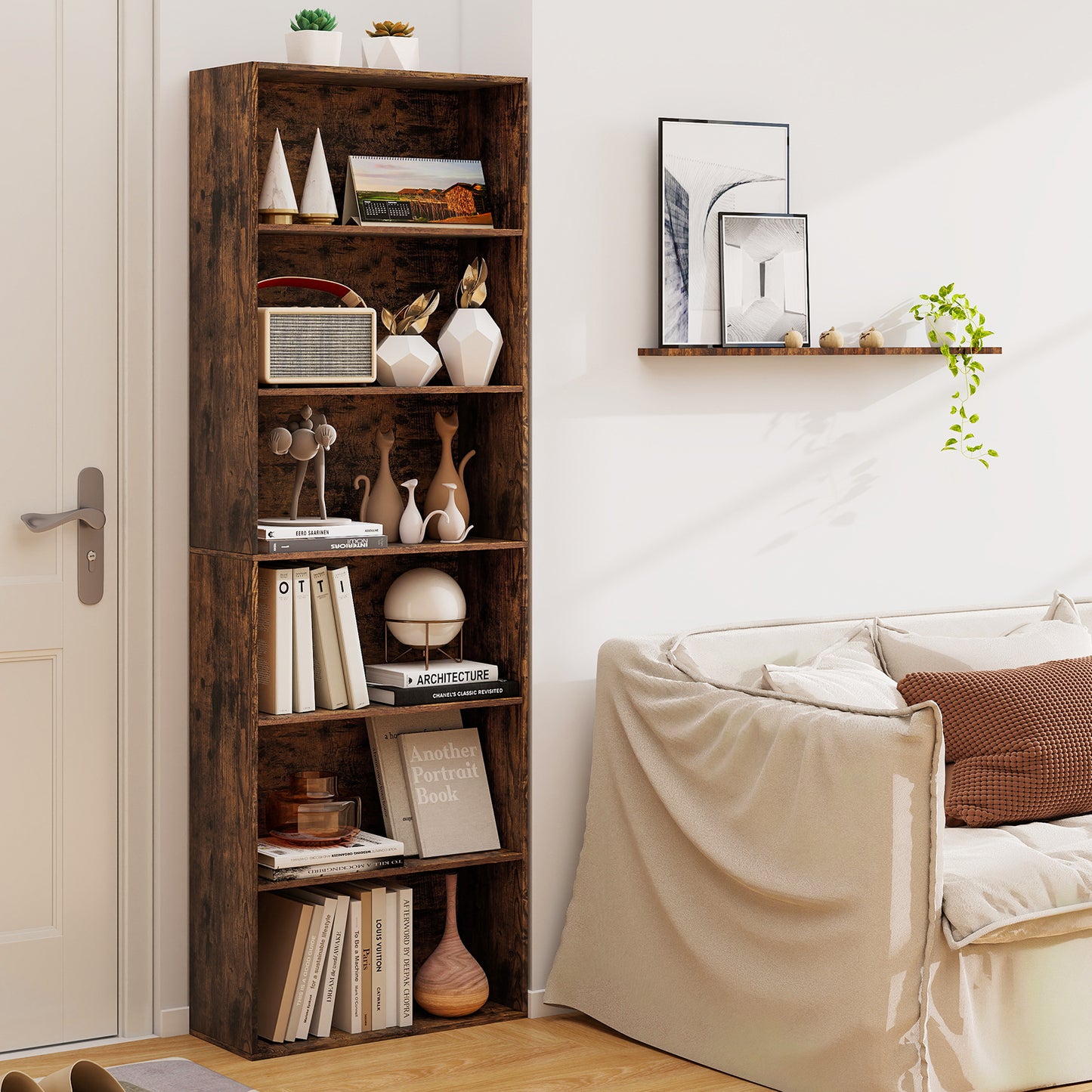 178cm 6-Tier Bookcase Display Rack with Foot Pads-Rustic Brown