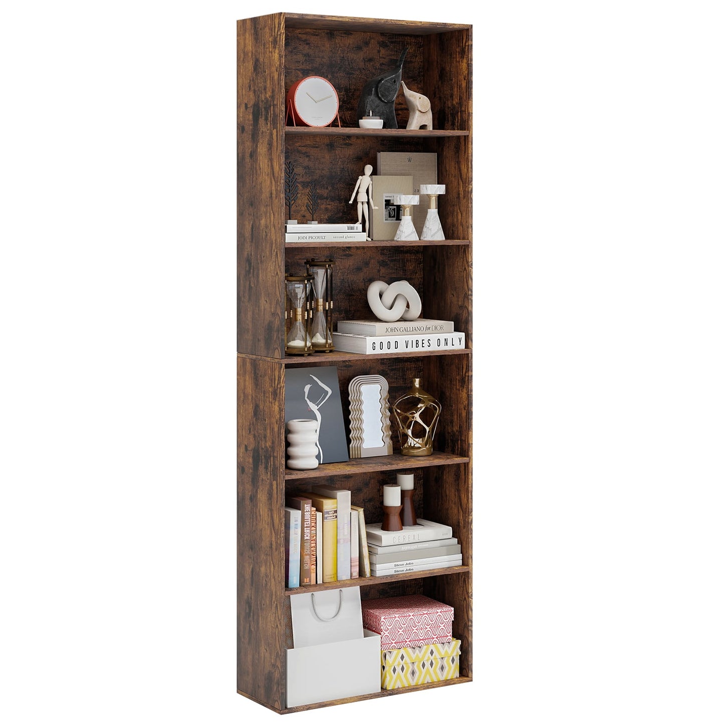 178cm 6-Tier Bookcase Display Rack with Foot Pads-Rustic Brown