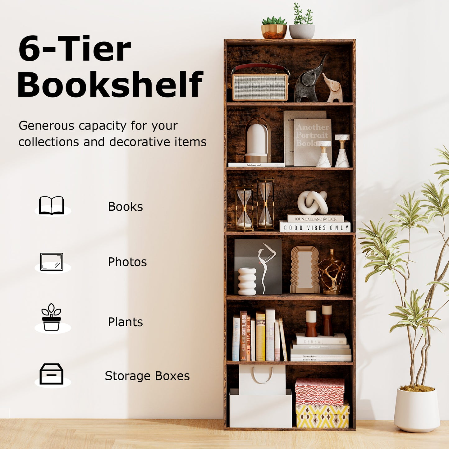 178cm 6-Tier Bookcase Display Rack with Foot Pads-Rustic Brown