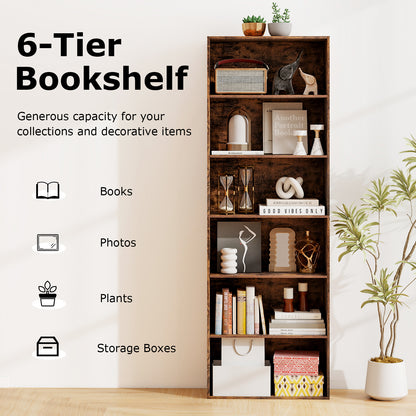 178cm 6-Tier Bookcase Display Rack with Foot Pads-Rustic Brown