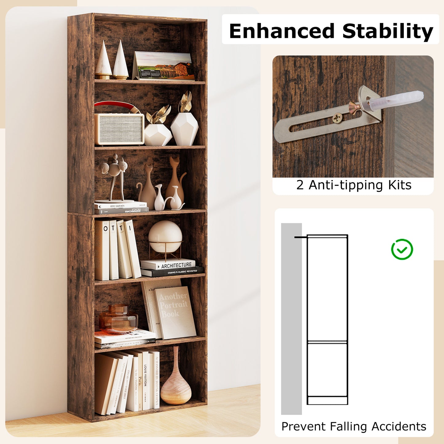 178cm 6-Tier Bookcase Display Rack with Foot Pads-Rustic Brown