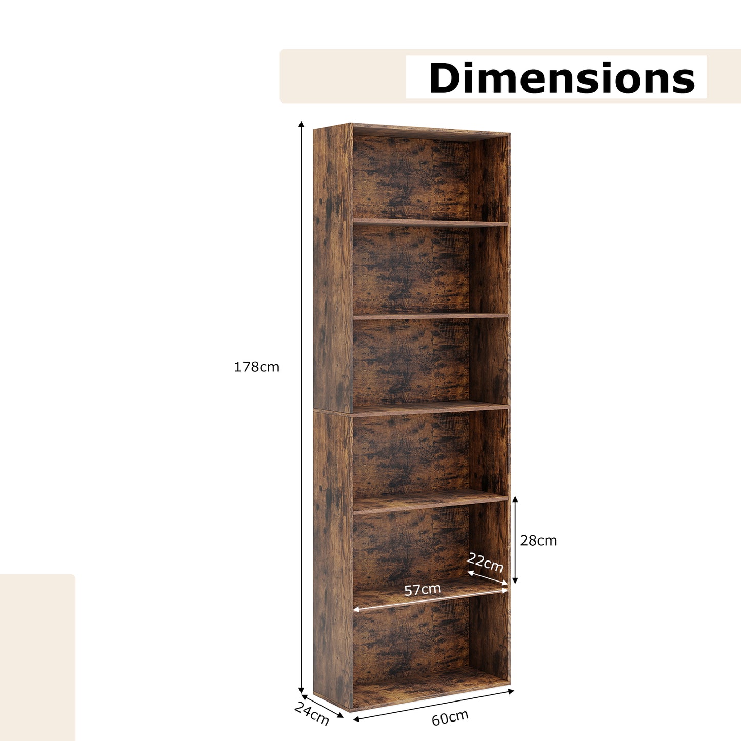 178cm 6-Tier Bookcase Display Rack with Foot Pads-Rustic Brown