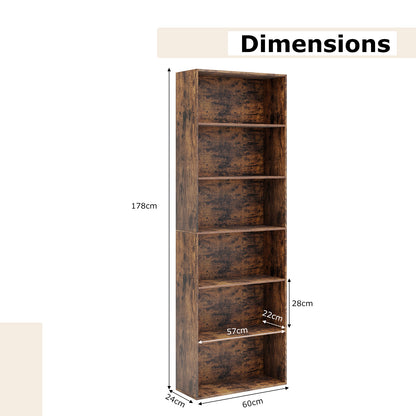 178cm 6-Tier Bookcase Display Rack with Foot Pads-Rustic Brown