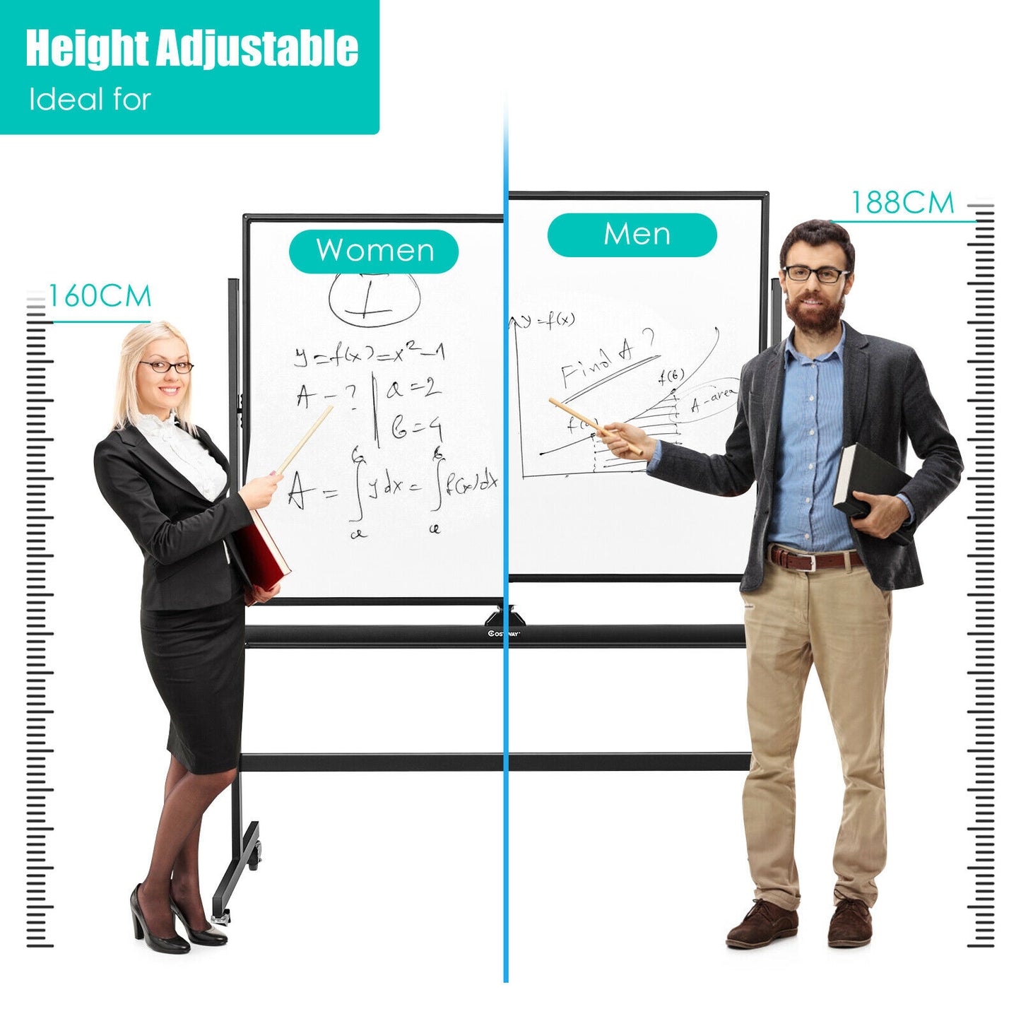 Mobile Magnetic Double-Sized Whiteboard with 4 Lockable Wheels