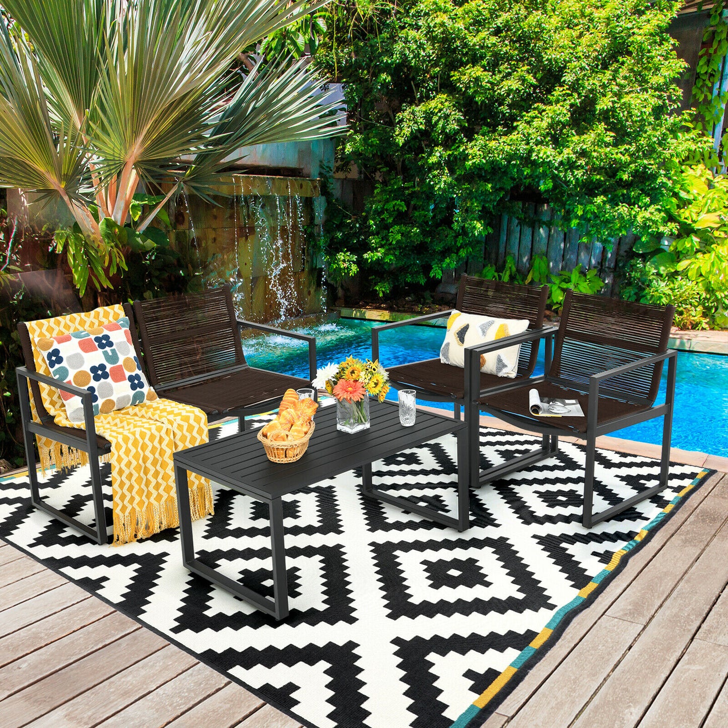 4 Piece Patio Furniture Set with Loveseat Single Chairs and Table