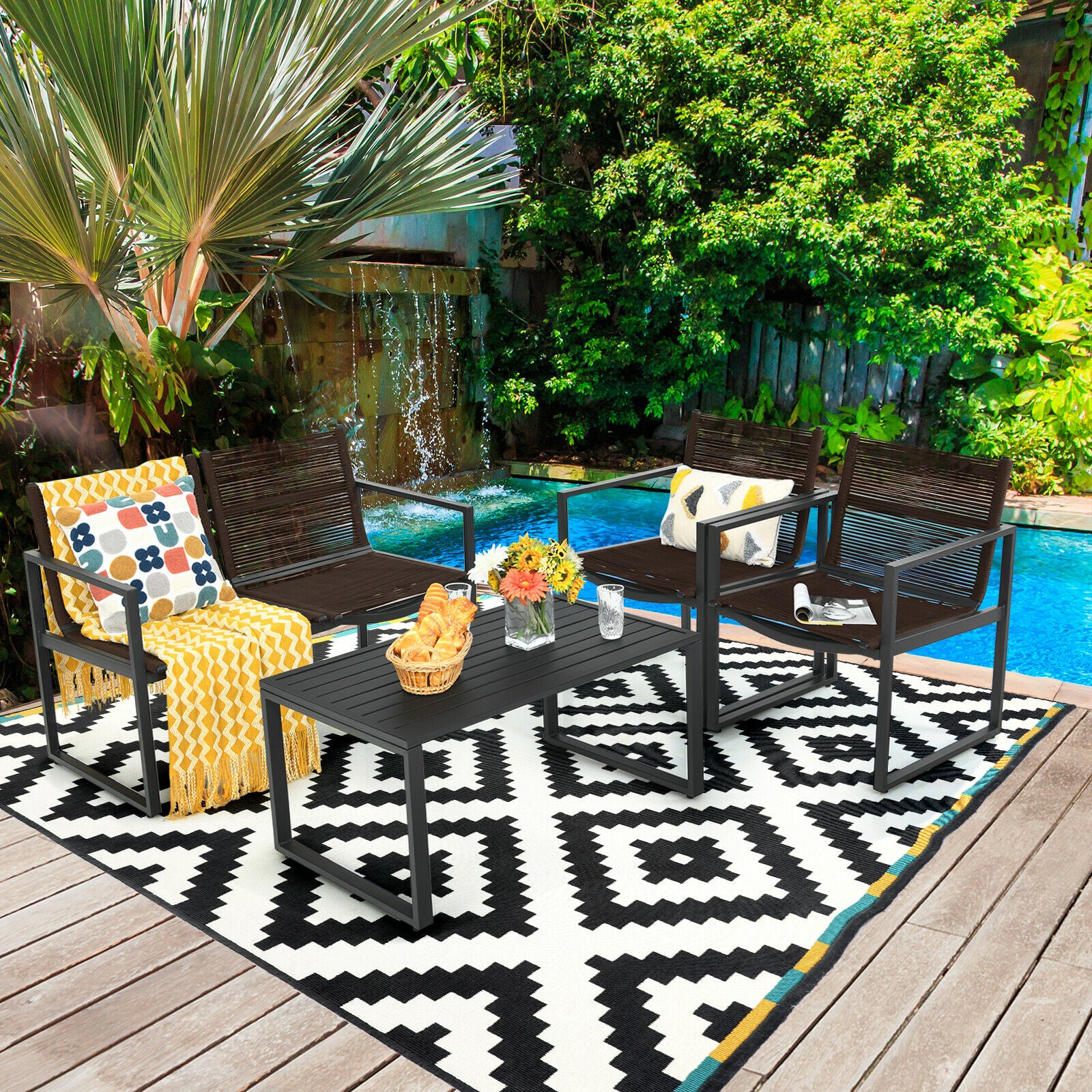 4 Piece Patio Furniture Set with Loveseat Single Chairs and Table