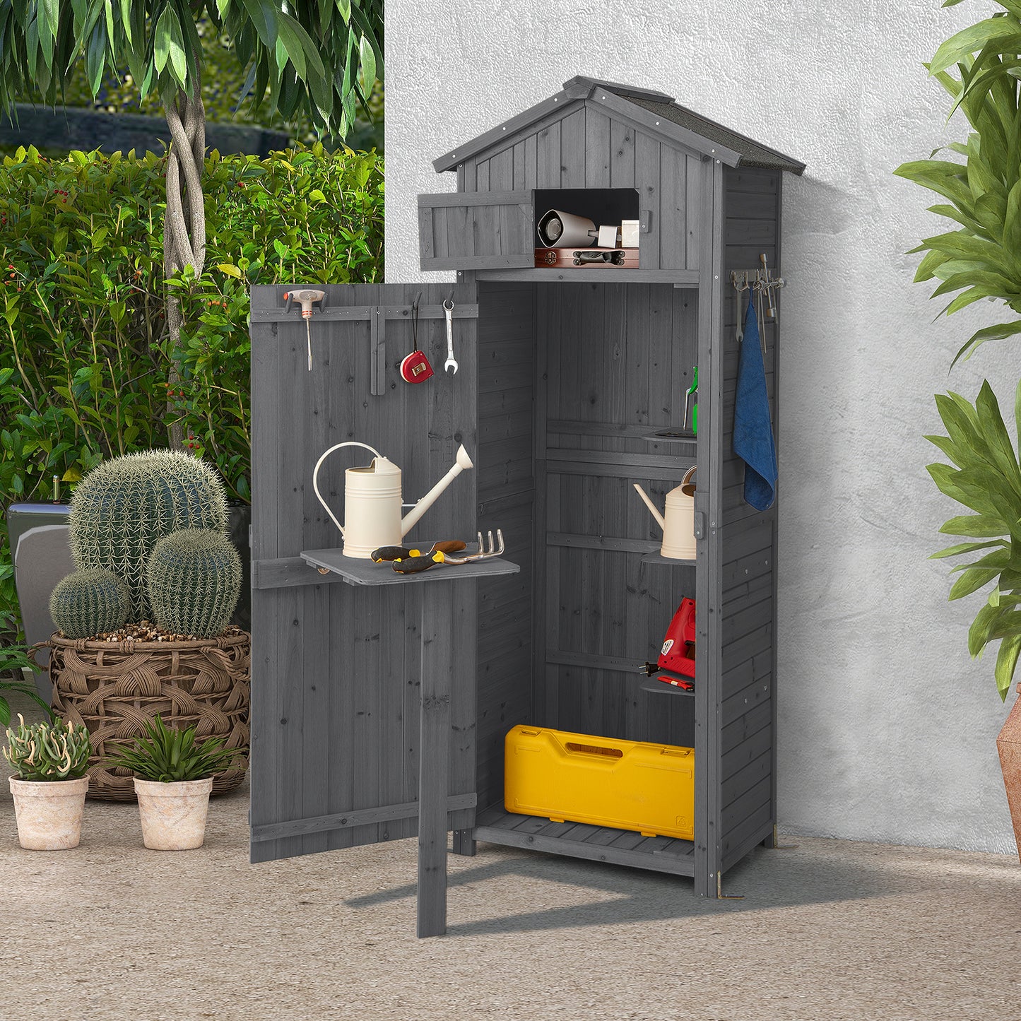 180.5CM Tall Outdoor Storage Cabinet with Lockable Doors and Foldable Table-Grey