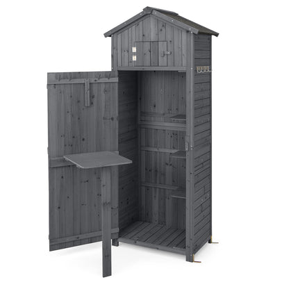 180.5CM Tall Outdoor Storage Cabinet with Lockable Doors and Foldable Table-Grey