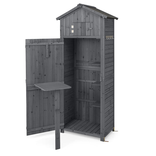 180.5CM Tall Outdoor Storage Cabinet with Lockable Doors and Foldable Table-Grey