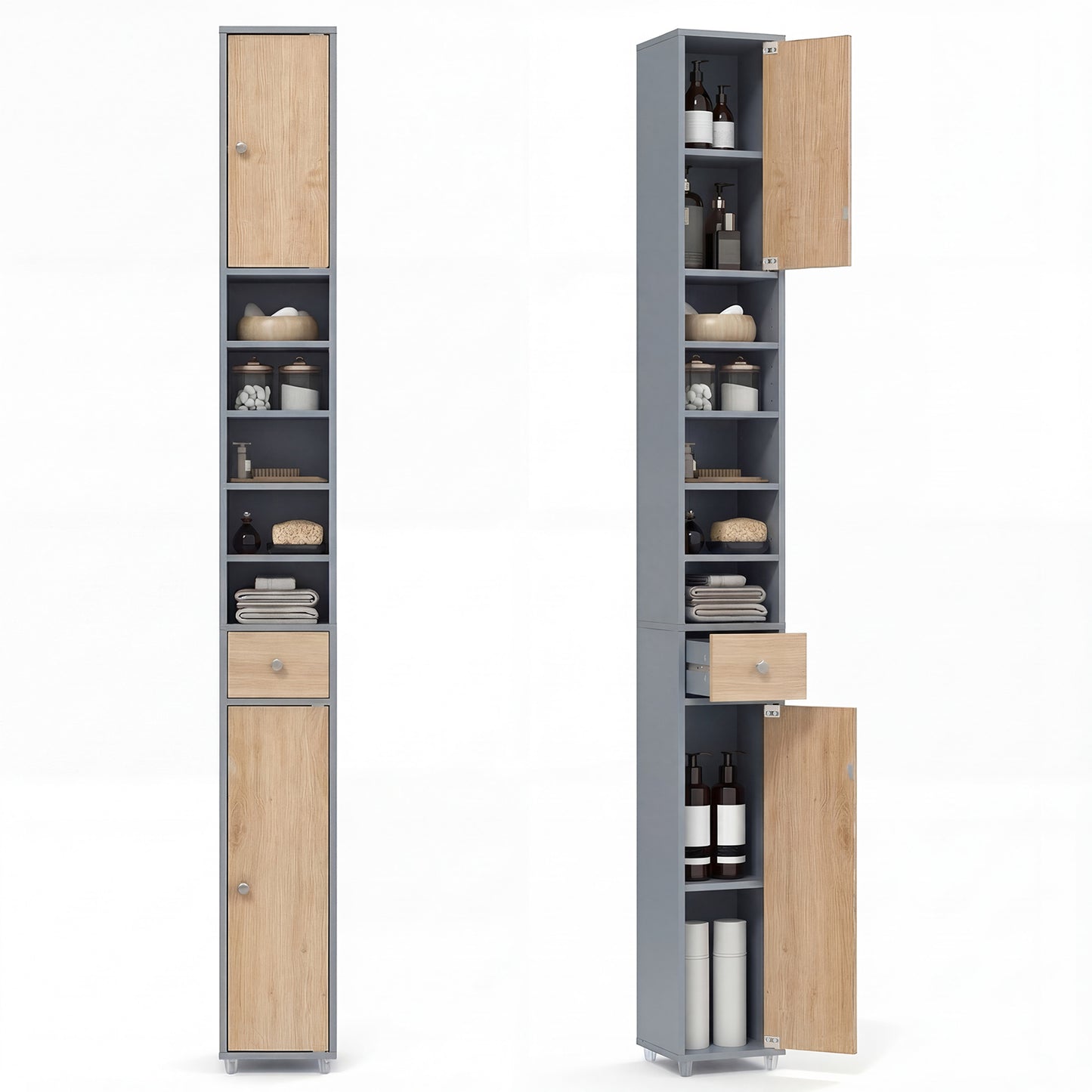 180CM Tall Freestanding Bathroom Cabinet with 2 Doors and 1 Drawer-Oak