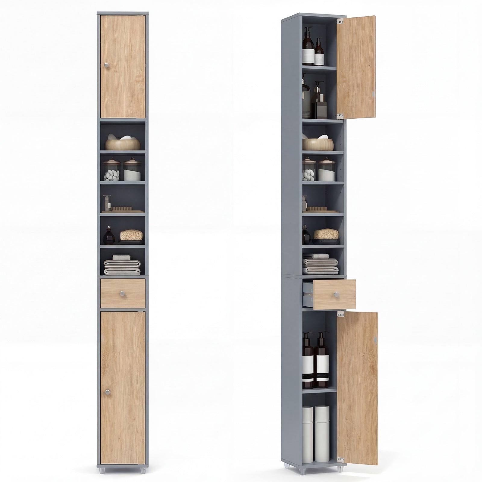 180CM Tall Freestanding Bathroom Cabinet with 2 Doors and 1 Drawer-Oak