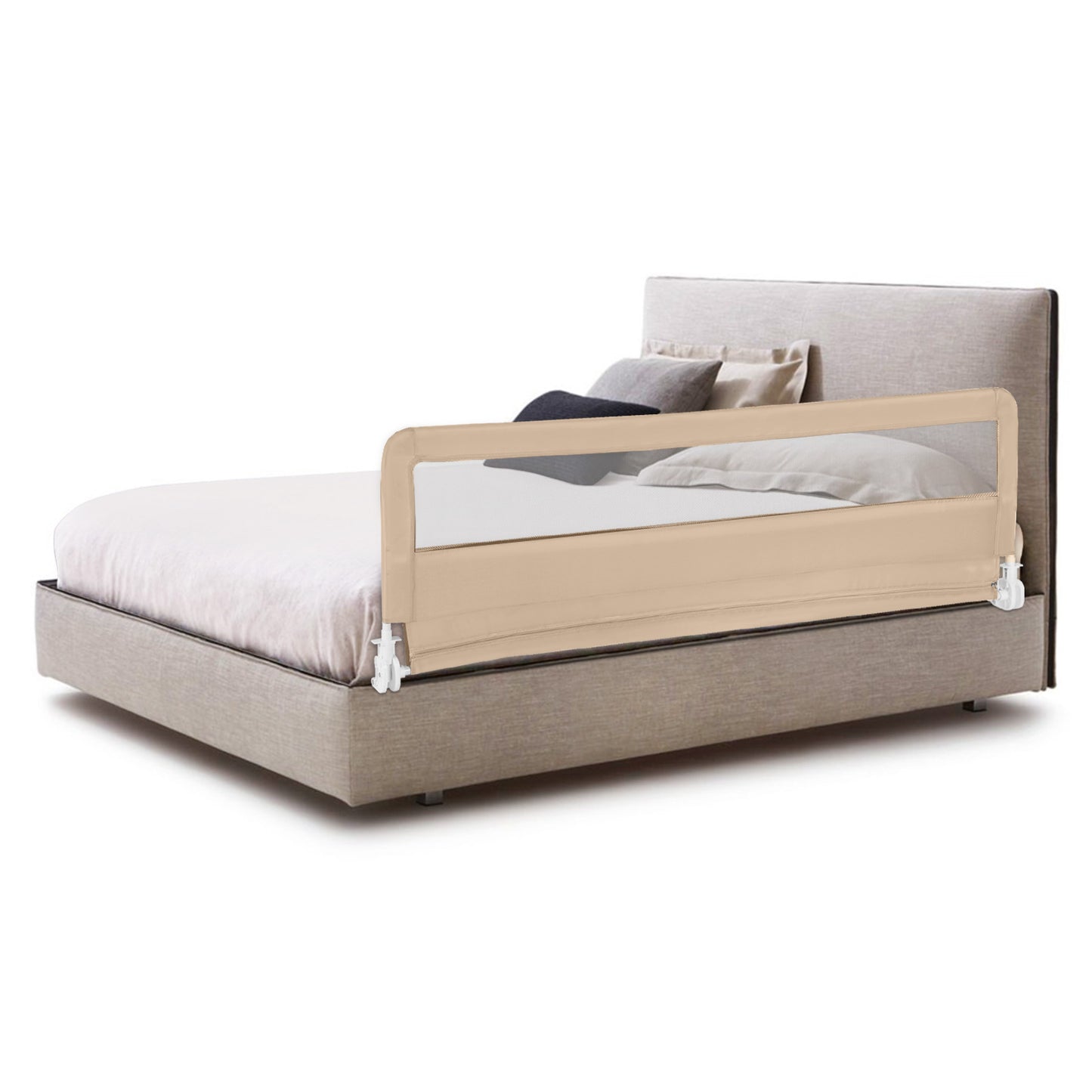 180CM Foldable Baby Bed Rail Guard with Removable Cover and Safety Strap-Beige