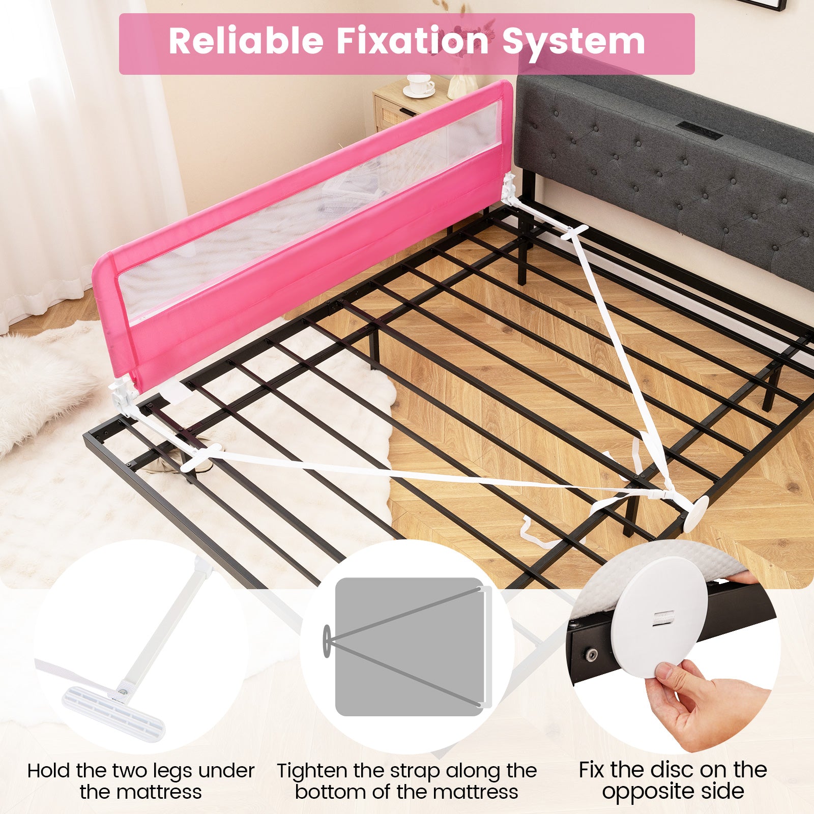 180CM Foldable Baby Bed Rail Guard with Removable Cover and Safety Strap-Pink