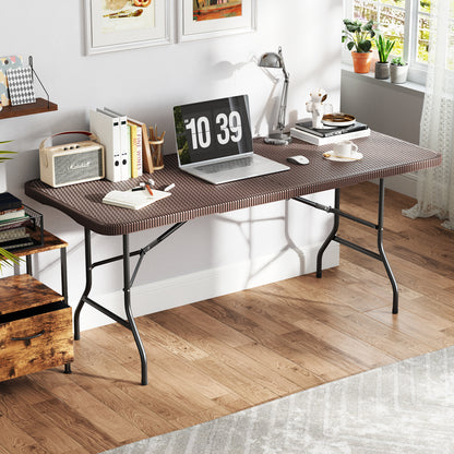 180cm Folding Table with Rattan-Like HDPE Tabletop and Safe Lock Mechanism-Coffee