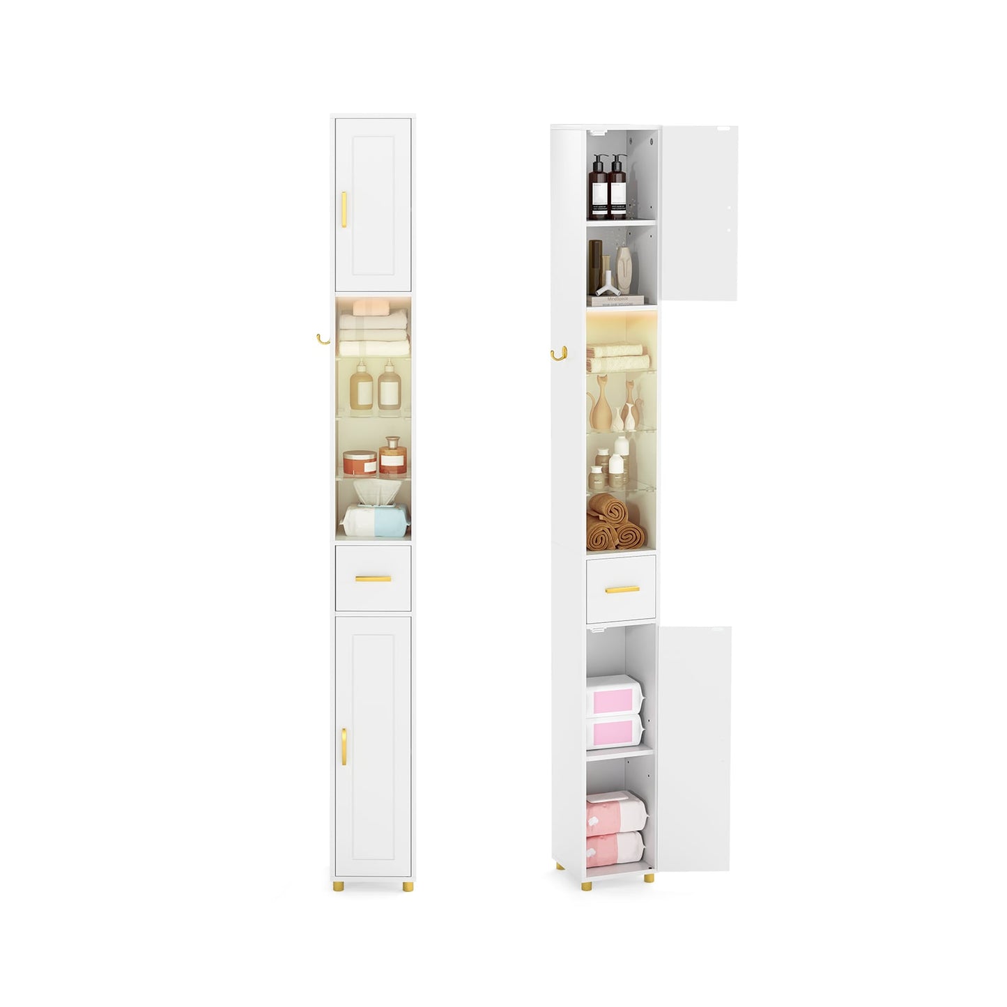 180 cm Tall Bathroom Cabinet Narrow Storage Organizer with 3 Doors and Adjustable Shelves-White