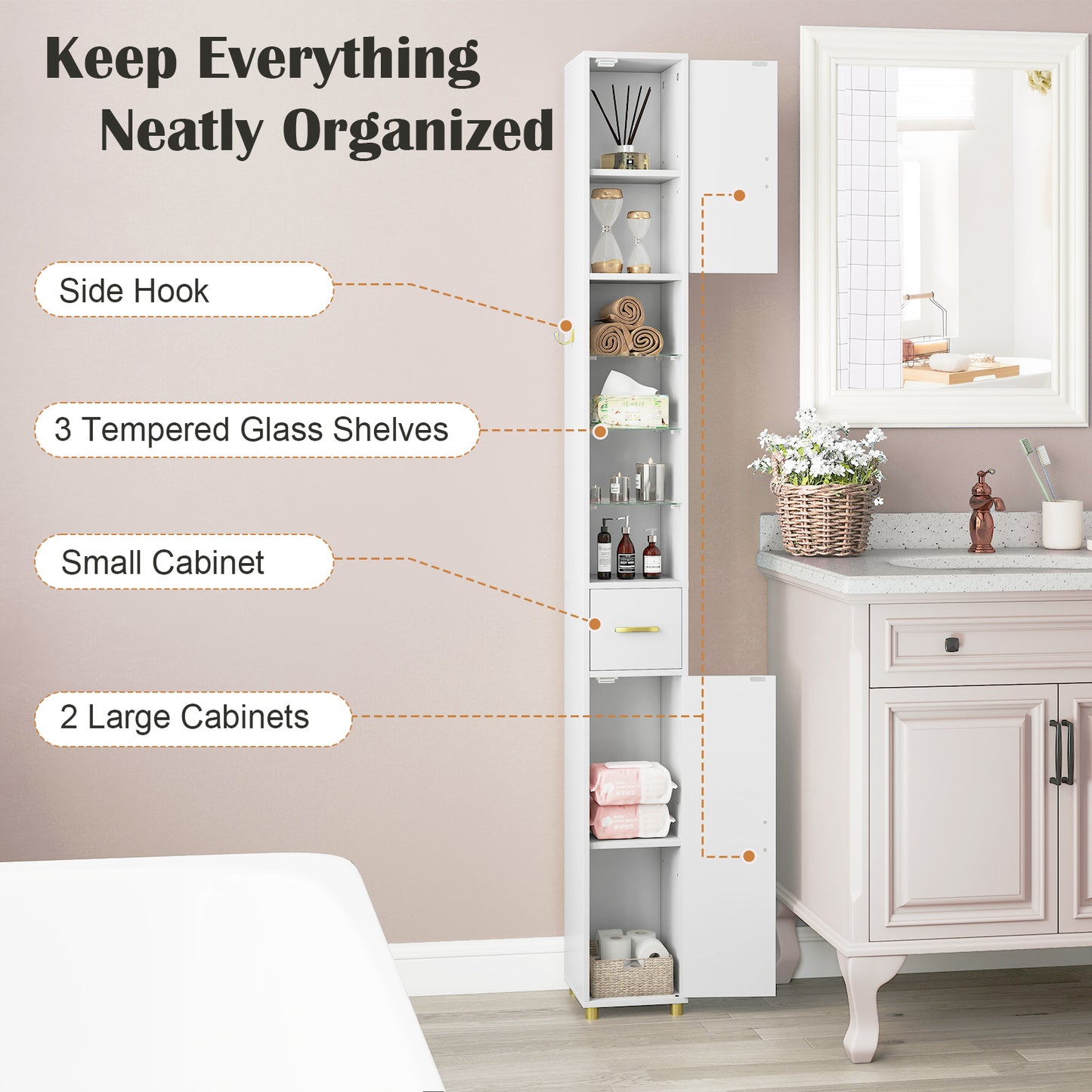 180 cm Tall Bathroom Cabinet Narrow Storage Organizer with 3 Doors and Adjustable Shelves-White