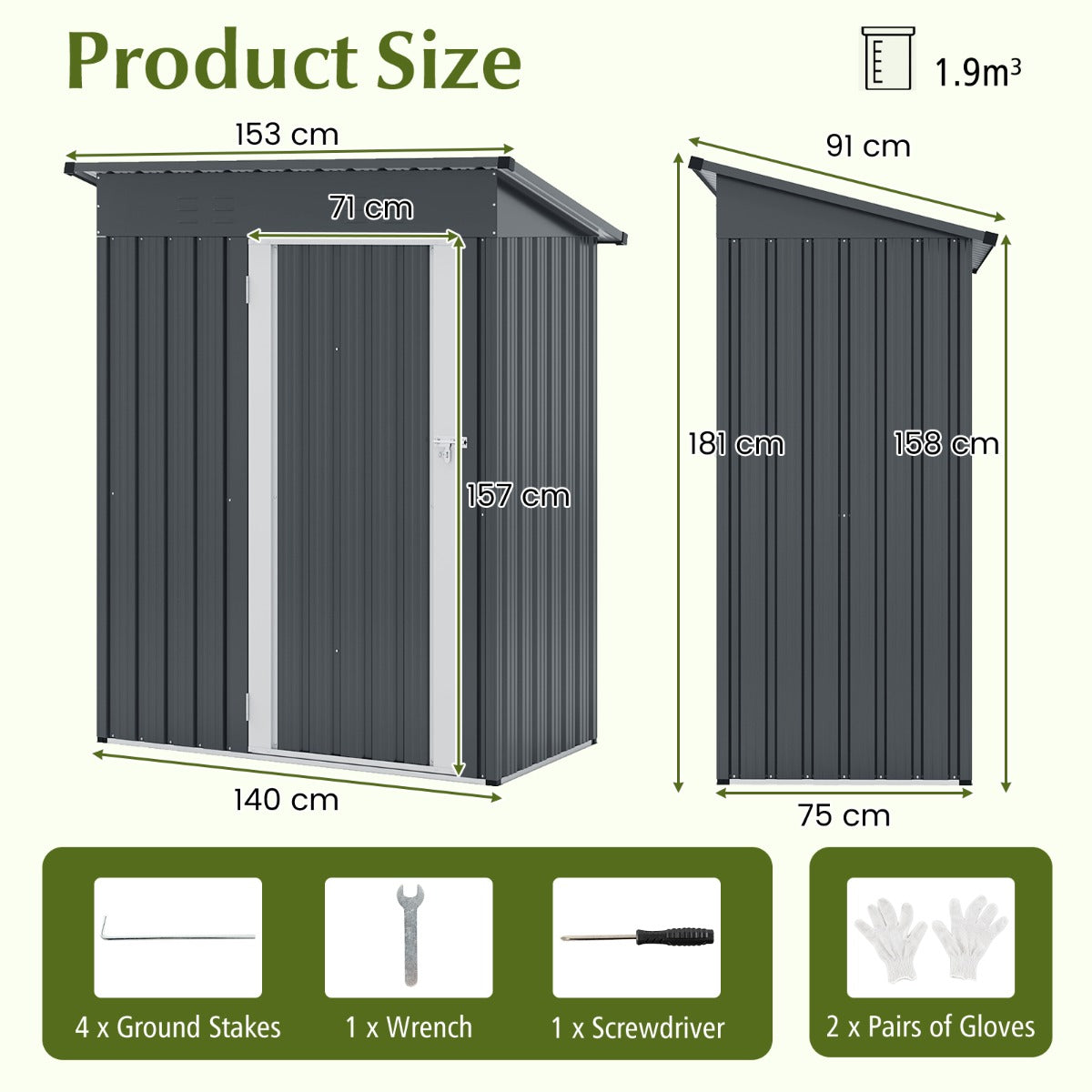 181 x 153 cm Outdoor Storage Shed with Sloped Roof 2 Vents and Lockable Door-Grey