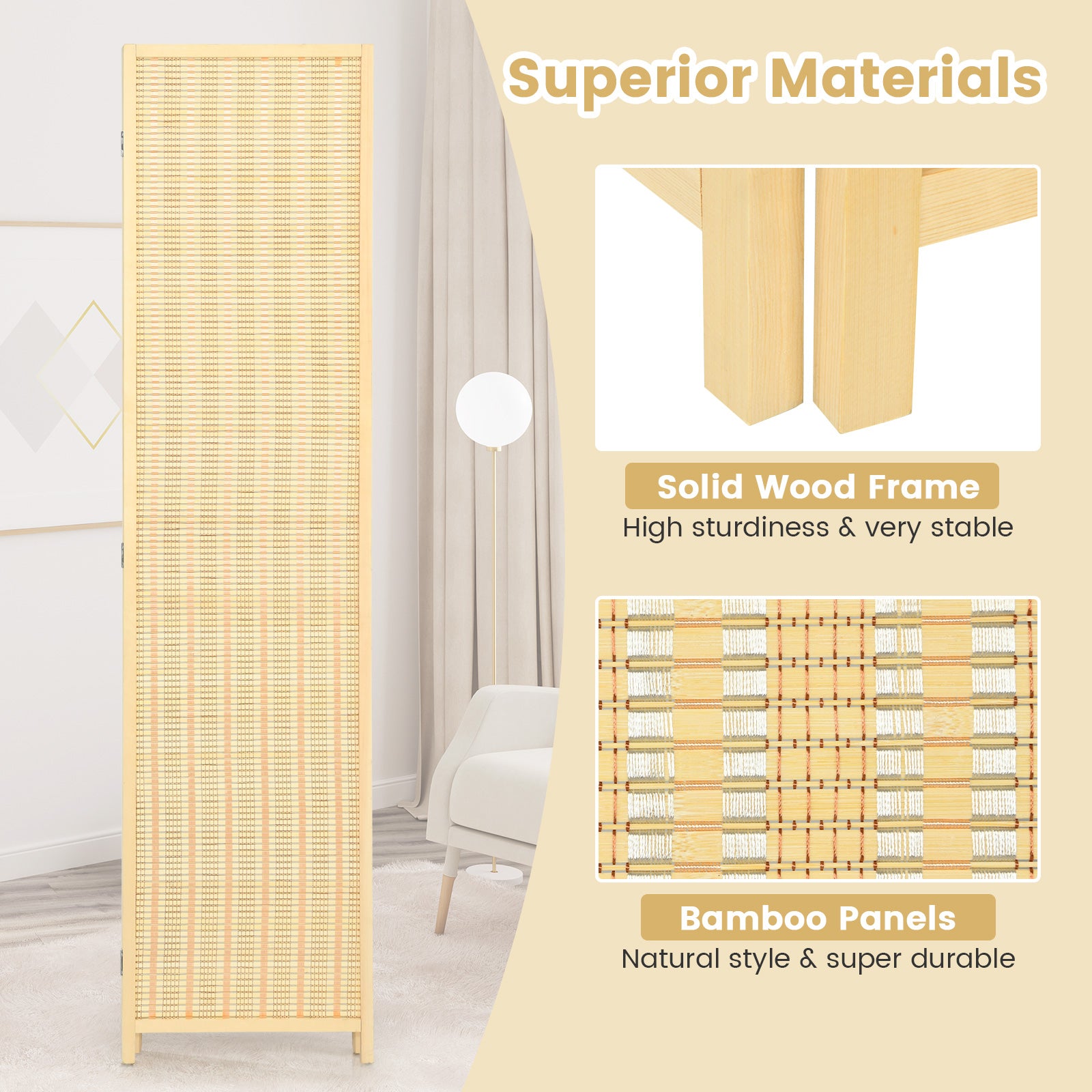 4-Panel Portable Room Divider Screen-Natural